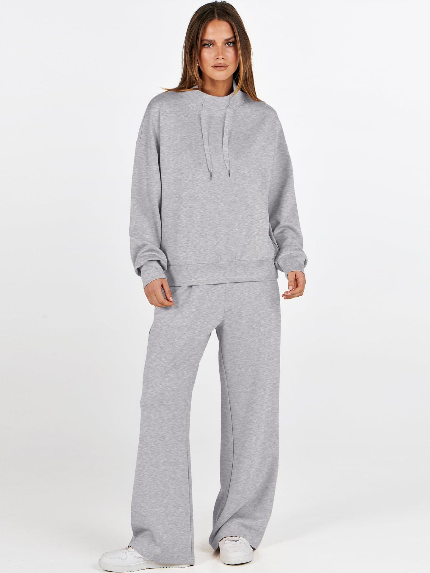 ANRABESS Womens 2 Piece Outfits Sweatsuit Set 2025 Fall Drawstring Sweatshirt Wide Leg Sweatpant Lounge Set Tracksuit