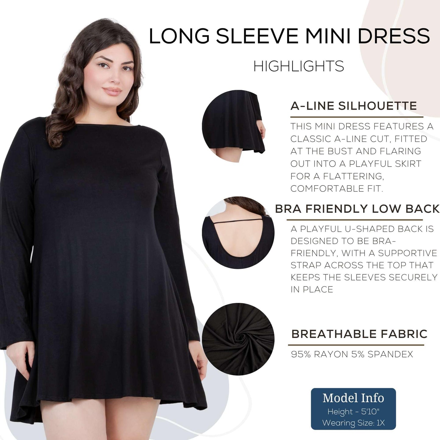 Azules Women's Long Sleeve Tunic Dress Casual Boat Neck Swing Dress with Scoop Back