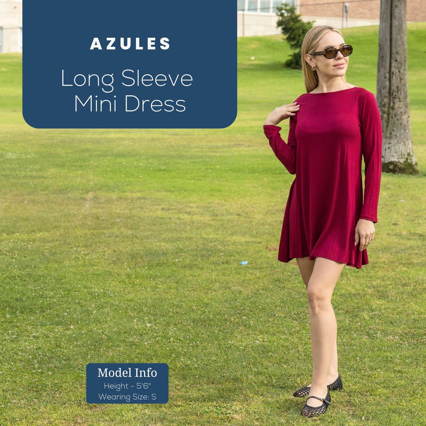 Azules Women's Long Sleeve Tunic Dress Casual Boat Neck Swing Dress with Scoop Back