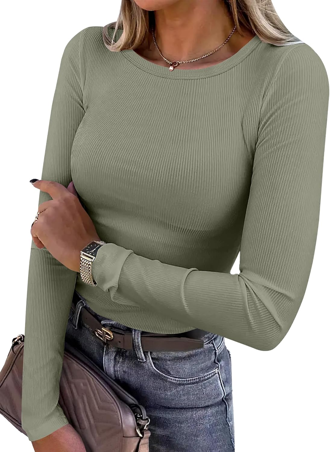 ANRABESS Women Long Sleeve Shirts Rib Knit Slim Fit Tops Basic Tee 2025 Fall Outfits Casual T-Shirt Underscrubs Layer Clothes