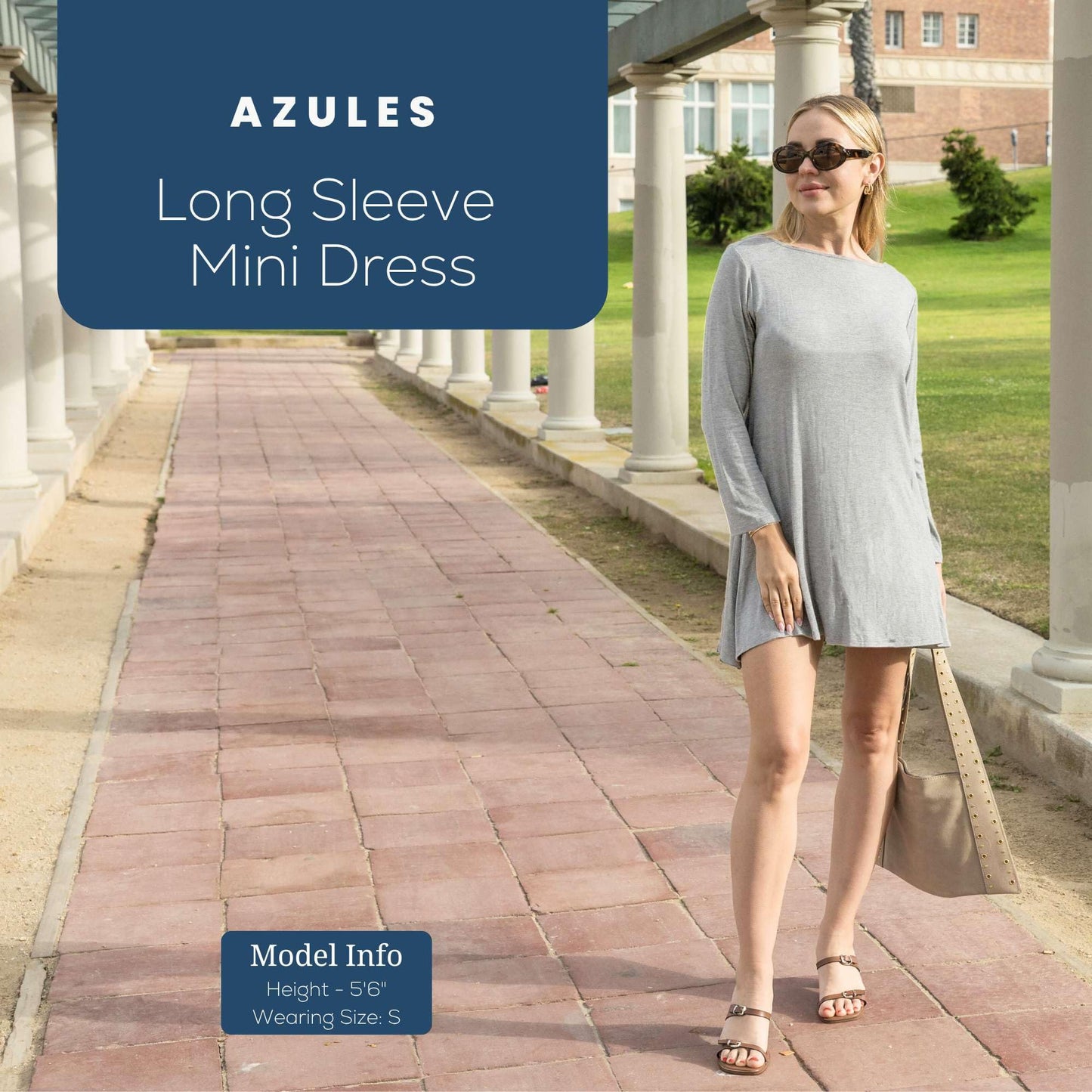 Azules Women's Long Sleeve Tunic Dress Casual Boat Neck Swing Dress with Scoop Back