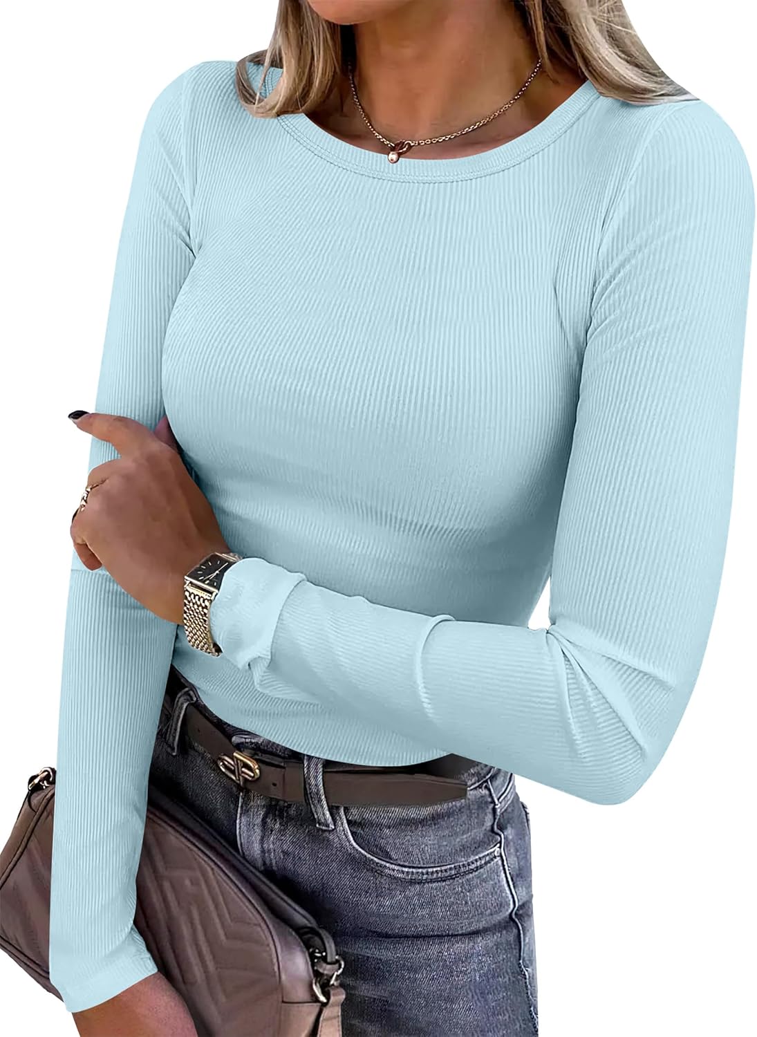 ANRABESS Women Long Sleeve Shirts Rib Knit Slim Fit Tops Basic Tee 2025 Fall Outfits Casual T-Shirt Underscrubs Layer Clothes