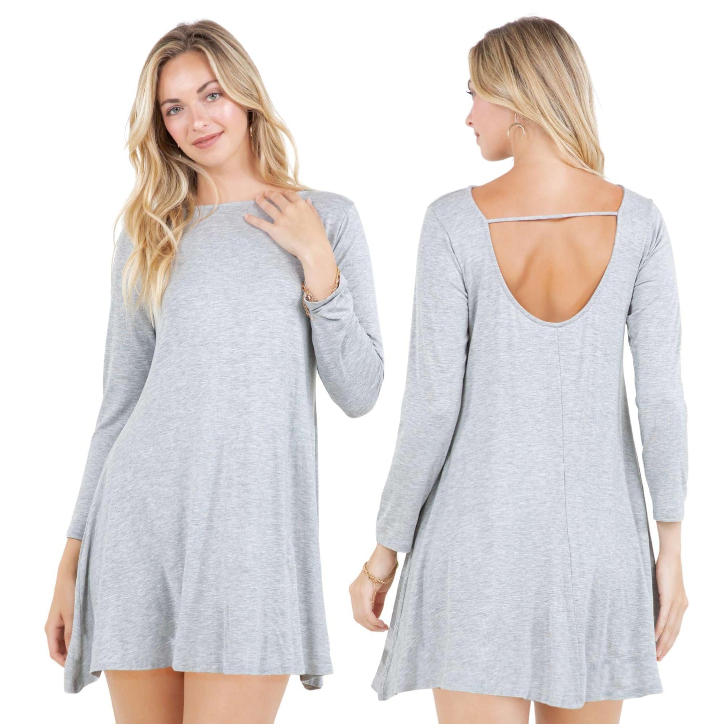 Azules Women's Long Sleeve Tunic Dress Casual Boat Neck Swing Dress with Scoop Back