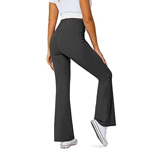 Women's Flare Leggings with Pockets-Crossover High Waisted Bootcut Yoga Pants-Tummy Control Bell Bottom Leggings