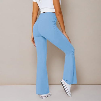 Women's Flare Leggings with Pockets-Crossover High Waisted Bootcut Yoga Pants-Tummy Control Bell Bottom Leggings