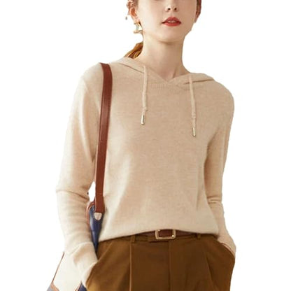 Women's 100 Percent Solid Cashmere Loose Hooded Sweater - Solid Color - Base Cashmere Hoodie