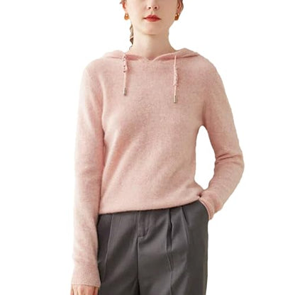 Women's 100 Percent Solid Cashmere Loose Hooded Sweater - Solid Color - Base Cashmere Hoodie