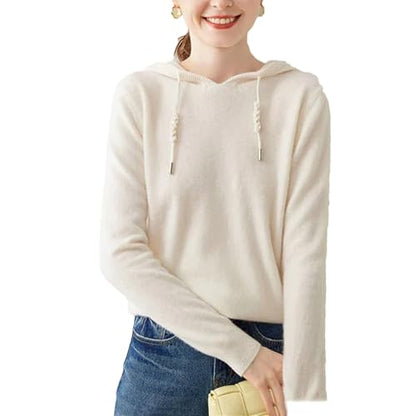 Women's 100 Percent Solid Cashmere Loose Hooded Sweater - Solid Color - Base Cashmere Hoodie