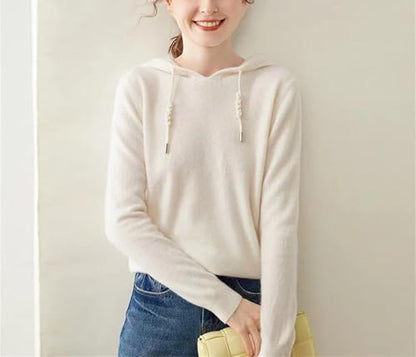 Women's 100 Percent Solid Cashmere Loose Hooded Sweater - Solid Color - Base Cashmere Hoodie