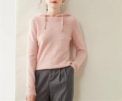 Women's 100 Percent Solid Cashmere Loose Hooded Sweater - Solid Color - Base Cashmere Hoodie