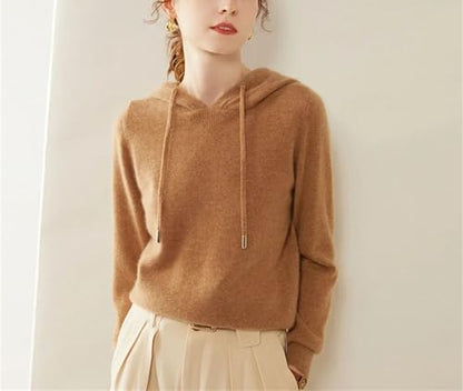 Women's 100 Percent Solid Cashmere Loose Hooded Sweater - Solid Color - Base Cashmere Hoodie