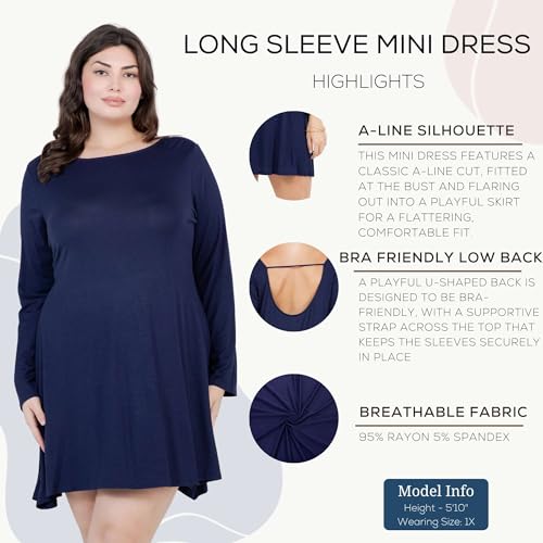 Azules Women's Long Sleeve Tunic Dress Casual Boat Neck Swing Dress with Scoop Back