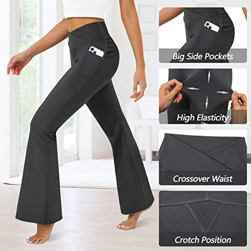Women's Flare Leggings with Pockets-Crossover High Waisted Bootcut Yoga Pants-Tummy Control Bell Bottom Leggings
