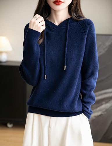 Women's Merino Wool Blend Hoodies 2025 Fall Winter Crewneck Sweatshirt Long Sleeve Knitted Sweater with Drawstring
