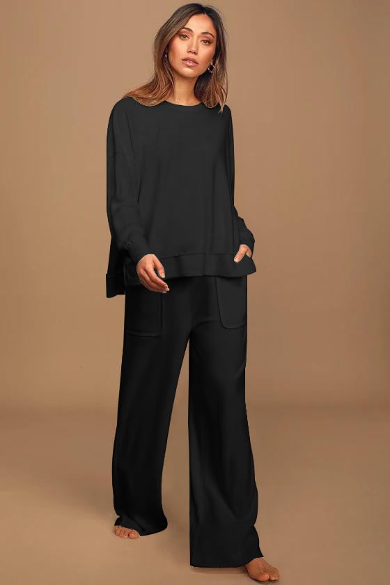 ETCYY NEW Lounge Sets for Women 2 Piece Outfits with Side Split Sweatshirt Tops and Wide Leg Sweatpants