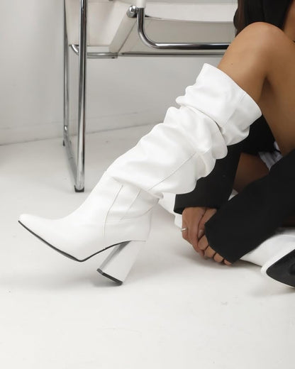 Women's Knee High Boots Slouch Pointed Toe Tall Block Heel Boots Pull On Fall Boots for Women