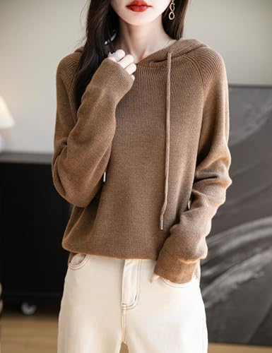 Women's Merino Wool Blend Hoodies 2025 Fall Winter Crewneck Sweatshirt Long Sleeve Knitted Sweater with Drawstring