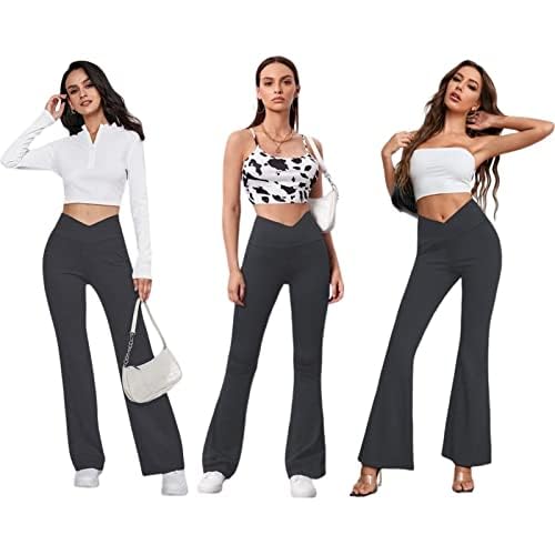 Women's Flare Leggings with Pockets-Crossover High Waisted Bootcut Yoga Pants-Tummy Control Bell Bottom Leggings