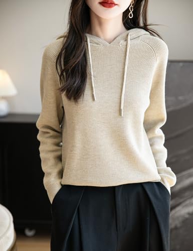 Women's Merino Wool Blend Hoodies 2025 Fall Winter Crewneck Sweatshirt Long Sleeve Knitted Sweater with Drawstring