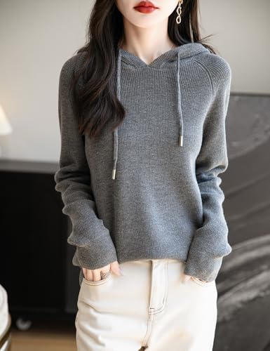 Women's Merino Wool Blend Hoodies 2025 Fall Winter Crewneck Sweatshirt Long Sleeve Knitted Sweater with Drawstring