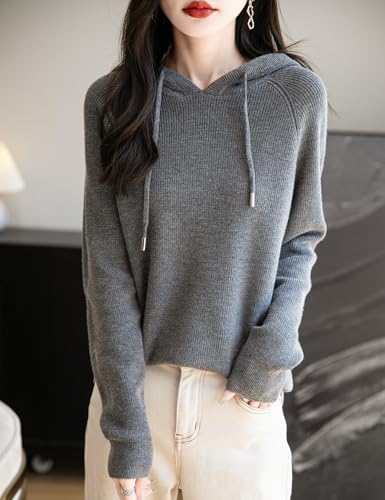Women's Merino Wool Blend Hoodies 2025 Fall Winter Crewneck Sweatshirt Long Sleeve Knitted Sweater with Drawstring