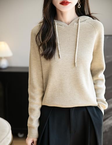 Women's Merino Wool Blend Hoodies 2025 Fall Winter Crewneck Sweatshirt Long Sleeve Knitted Sweater with Drawstring
