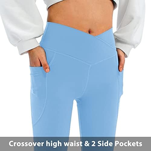 Women's Flare Leggings with Pockets-Crossover High Waisted Bootcut Yoga Pants-Tummy Control Bell Bottom Leggings