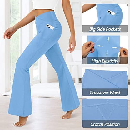 Women's Flare Leggings with Pockets-Crossover High Waisted Bootcut Yoga Pants-Tummy Control Bell Bottom Leggings