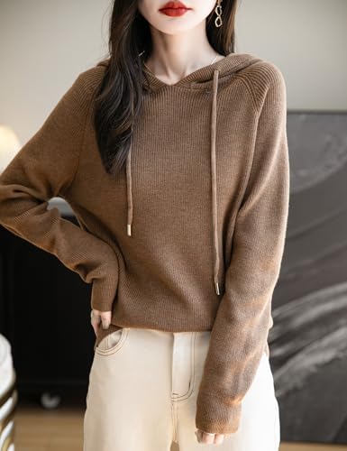 Women's Merino Wool Blend Hoodies 2025 Fall Winter Crewneck Sweatshirt Long Sleeve Knitted Sweater with Drawstring