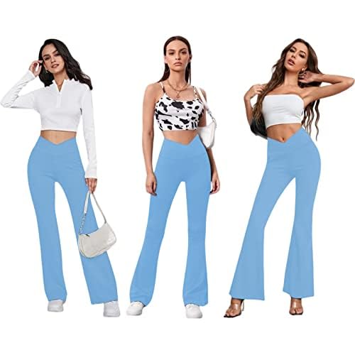 Women's Flare Leggings with Pockets-Crossover High Waisted Bootcut Yoga Pants-Tummy Control Bell Bottom Leggings