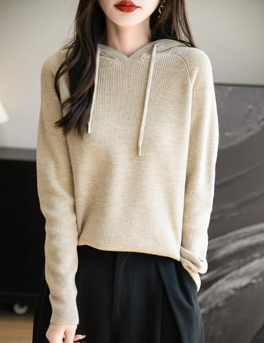 Women's Merino Wool Blend Hoodies 2025 Fall Winter Crewneck Sweatshirt Long Sleeve Knitted Sweater with Drawstring