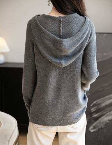 Women's Merino Wool Blend Hoodies 2025 Fall Winter Crewneck Sweatshirt Long Sleeve Knitted Sweater with Drawstring