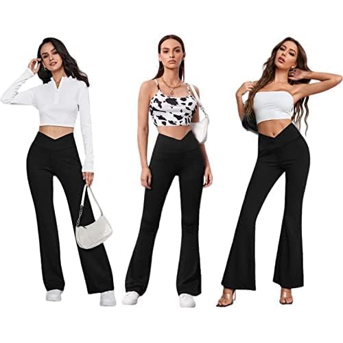 Women's Flare Leggings with Pockets-Crossover High Waisted Bootcut Yoga Pants-Tummy Control Bell Bottom Leggings