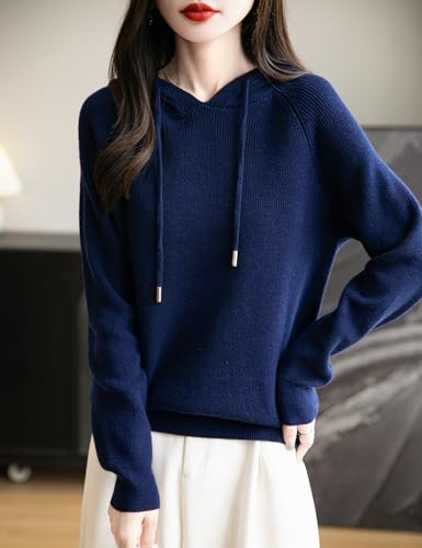 Women's Merino Wool Blend Hoodies 2025 Fall Winter Crewneck Sweatshirt Long Sleeve Knitted Sweater with Drawstring