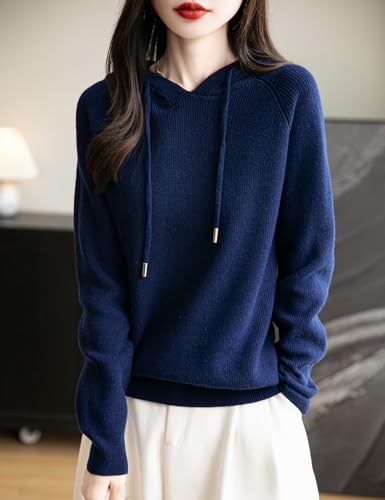 Women's Merino Wool Blend Hoodies 2025 Fall Winter Crewneck Sweatshirt Long Sleeve Knitted Sweater with Drawstring