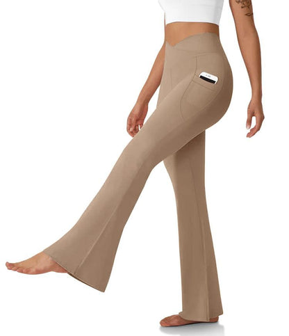 Women's Flare Leggings with Pockets-Crossover High Waisted Bootcut Yoga Pants-Tummy Control Bell Bottom Leggings