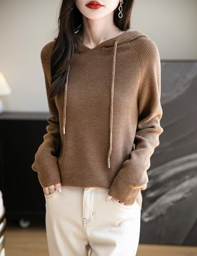 Women's Merino Wool Blend Hoodies 2025 Fall Winter Crewneck Sweatshirt Long Sleeve Knitted Sweater with Drawstring