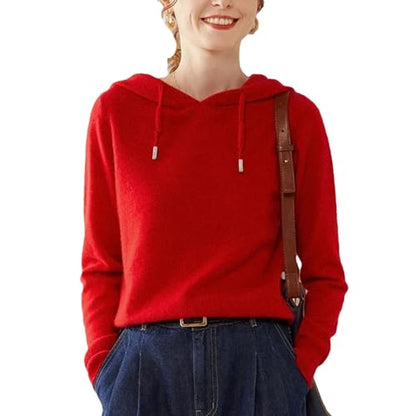 Women's 100 Percent Solid Cashmere Loose Hooded Sweater - Solid Color - Base Cashmere Hoodie