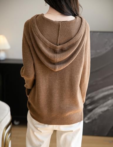 Women's Merino Wool Blend Hoodies 2025 Fall Winter Crewneck Sweatshirt Long Sleeve Knitted Sweater with Drawstring