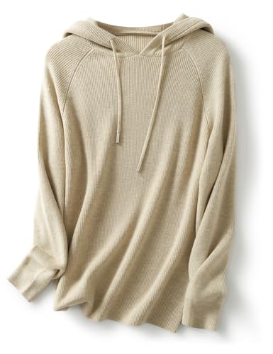 Women's Merino Wool Blend Hoodies 2025 Fall Winter Crewneck Sweatshirt Long Sleeve Knitted Sweater with Drawstring