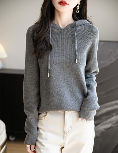 Women's Merino Wool Blend Hoodies 2025 Fall Winter Crewneck Sweatshirt Long Sleeve Knitted Sweater with Drawstring