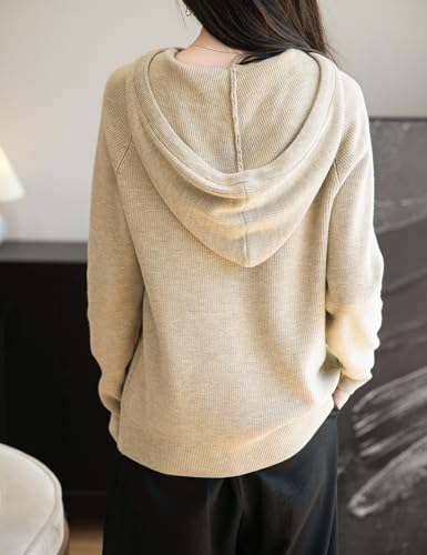 Women's Merino Wool Blend Hoodies 2025 Fall Winter Crewneck Sweatshirt Long Sleeve Knitted Sweater with Drawstring