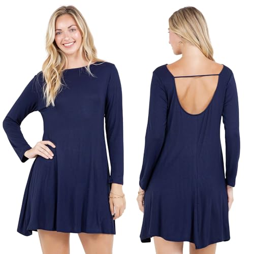 Azules Women's Long Sleeve Tunic Dress Casual Boat Neck Swing Dress with Scoop Back