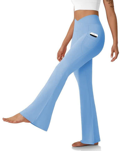 Women's Flare Leggings with Pockets-Crossover High Waisted Bootcut Yoga Pants-Tummy Control Bell Bottom Leggings
