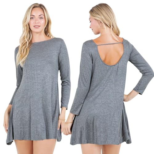 Azules Women's Long Sleeve Tunic Dress Casual Boat Neck Swing Dress with Scoop Back