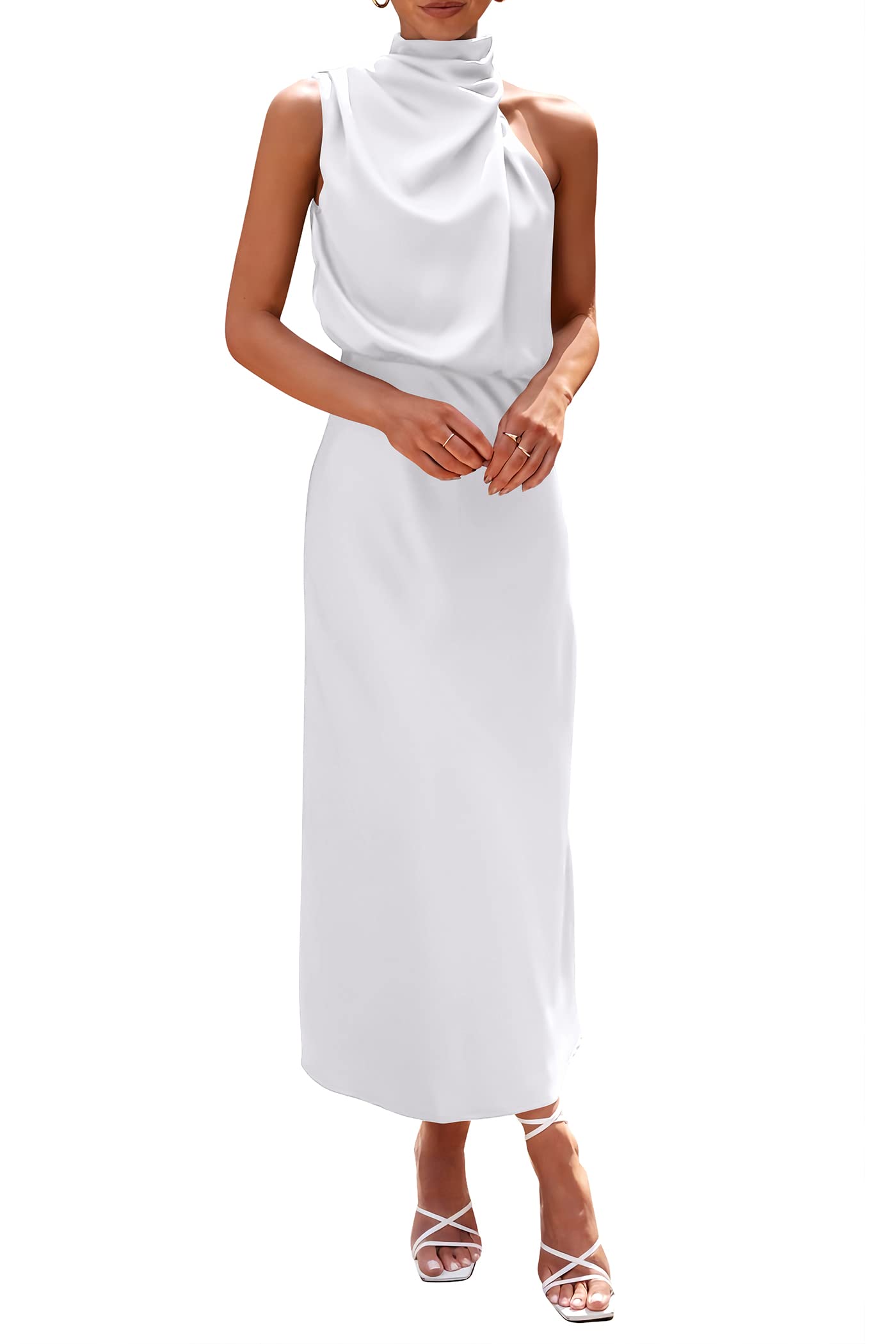 PRETTYGARDEN Women's 2025 Summer Satin Dress Elegant Sleeveless Mock Neck Cocktail Party Maxi Dresses
