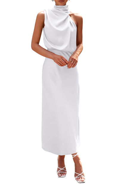 PRETTYGARDEN Women's 2025 Summer Satin Dress Elegant Sleeveless Mock Neck Cocktail Party Maxi Dresses
