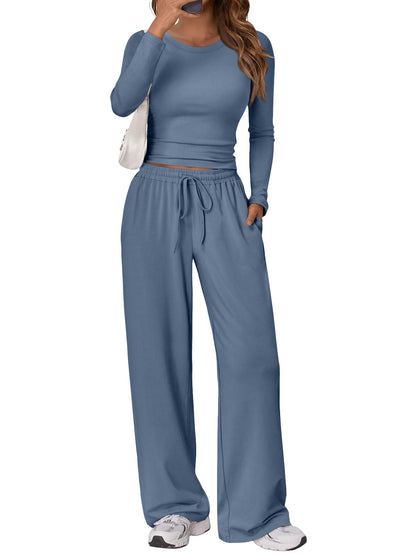Trendy Queen Women's 2 Piece Matching Lounge Set Long Sleeve Slightly Crop Top Wide Leg Pants Casual Sweatsuit