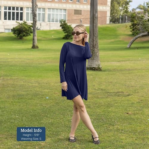 Azules Women's Long Sleeve Tunic Dress Casual Boat Neck Swing Dress with Scoop Back