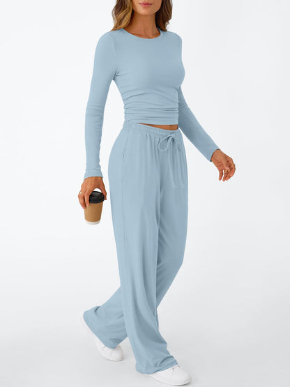 Trendy Queen Women's 2 Piece Matching Lounge Set Long Sleeve Slightly Crop Top Wide Leg Pants Casual Sweatsuit